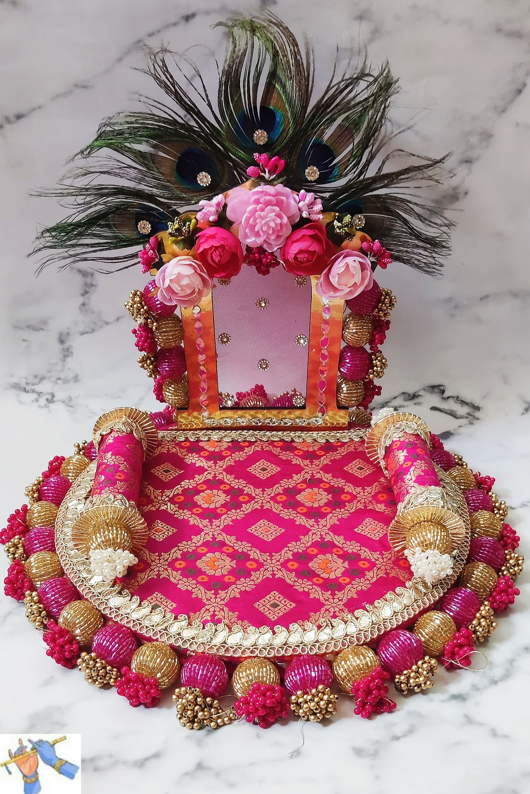 wooden Laddu gopal ji or Ganeshji Foldable singhasan for your Mandir or home Décor, pink